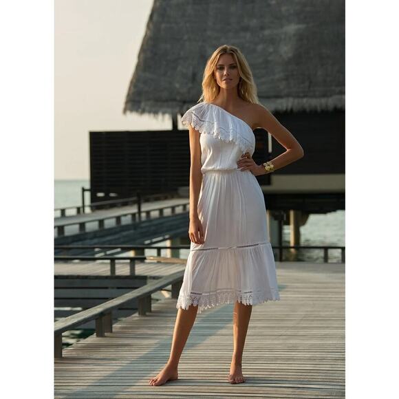 Melissa Odabash Jo Chochet One Shoulder Midi Dress White Size L - Picture 1 of 8